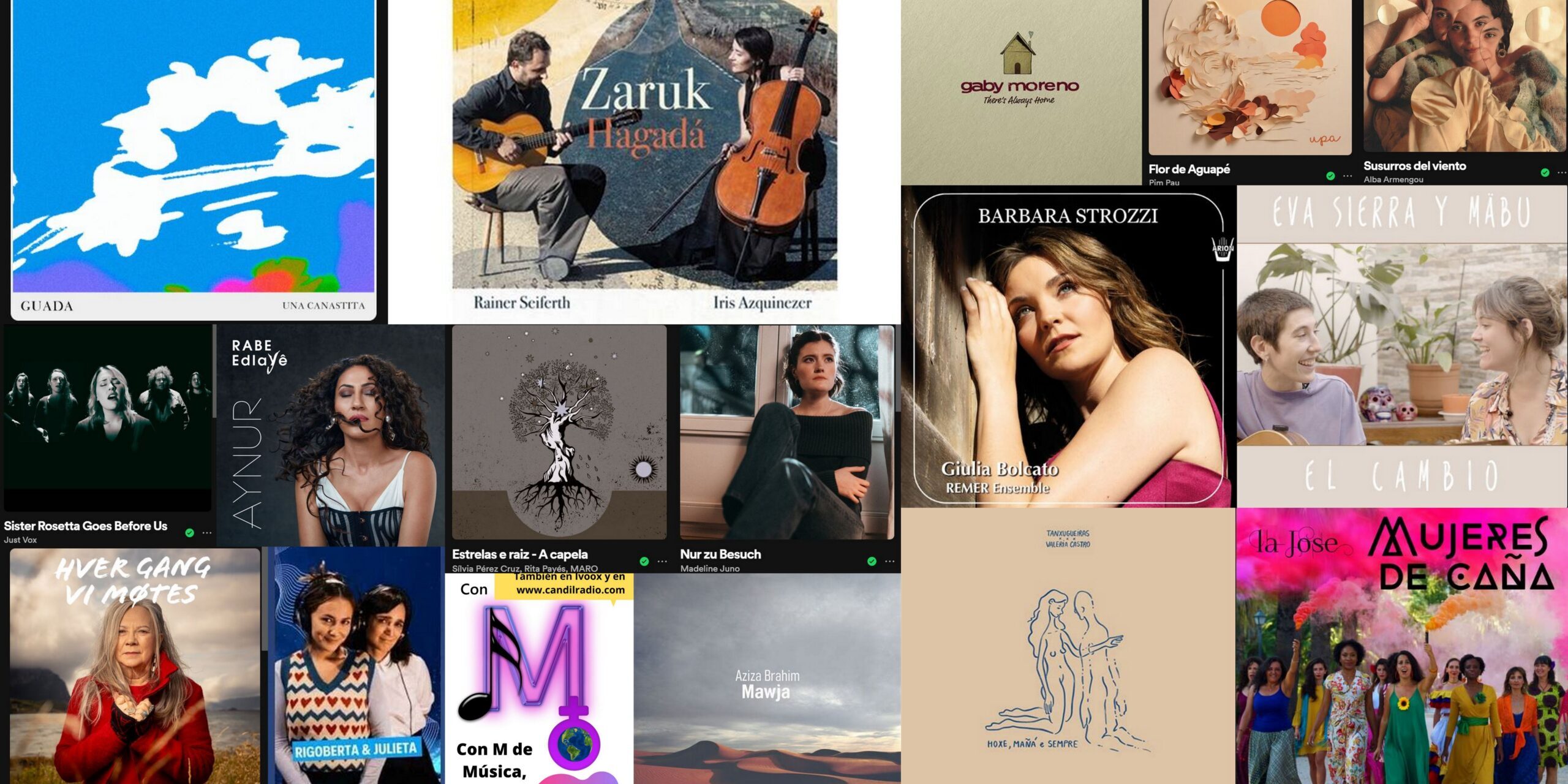 FOTOS CON M 267 MUJERES DEL MUNDO Hoy celebramos el día internacional de la mujer con nuestro ducentésimo sexagésimo séptimo programa y lo vamos a hacer con músicas de mujeres del mundo. Desde nuestro primer programa hemos reivindicado la igualdad y la creatividad musical de las mujeres, silenciada durante muchos siglos, así que hoy no iba a ser diferente. Comenzaremos el viaje en nuestro país, pasando por diferentes comunidades, después viajaremos a la Italia del pasado para recuperar la figura de la compositora de música clásica Barbara Strozzi, para continuar por Bélgica, Argentina, Brasil, Guatemala, Alemania, Noruega, el Sáhara o Turquía. Disfrutad del viaje.