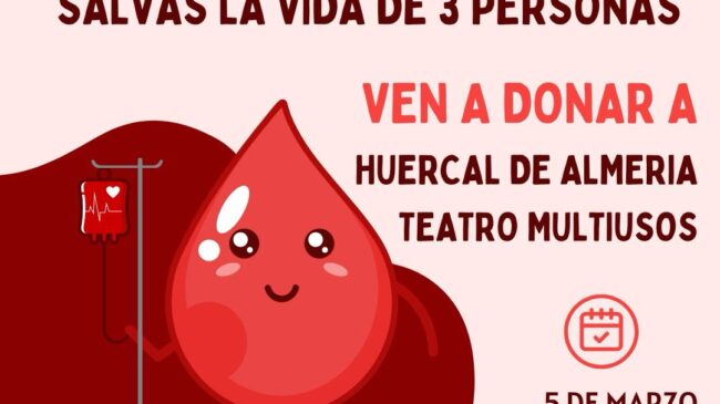 🩸 Dona sangra y podrás salvar la vida de 3 personas 🧬 Puedes también donar plasma y hacerte donante de médula Ven al Teatro Multiusos de Huércal de Almería el próximo martes 5 de marzo, de 17:30 a 21:00 horas