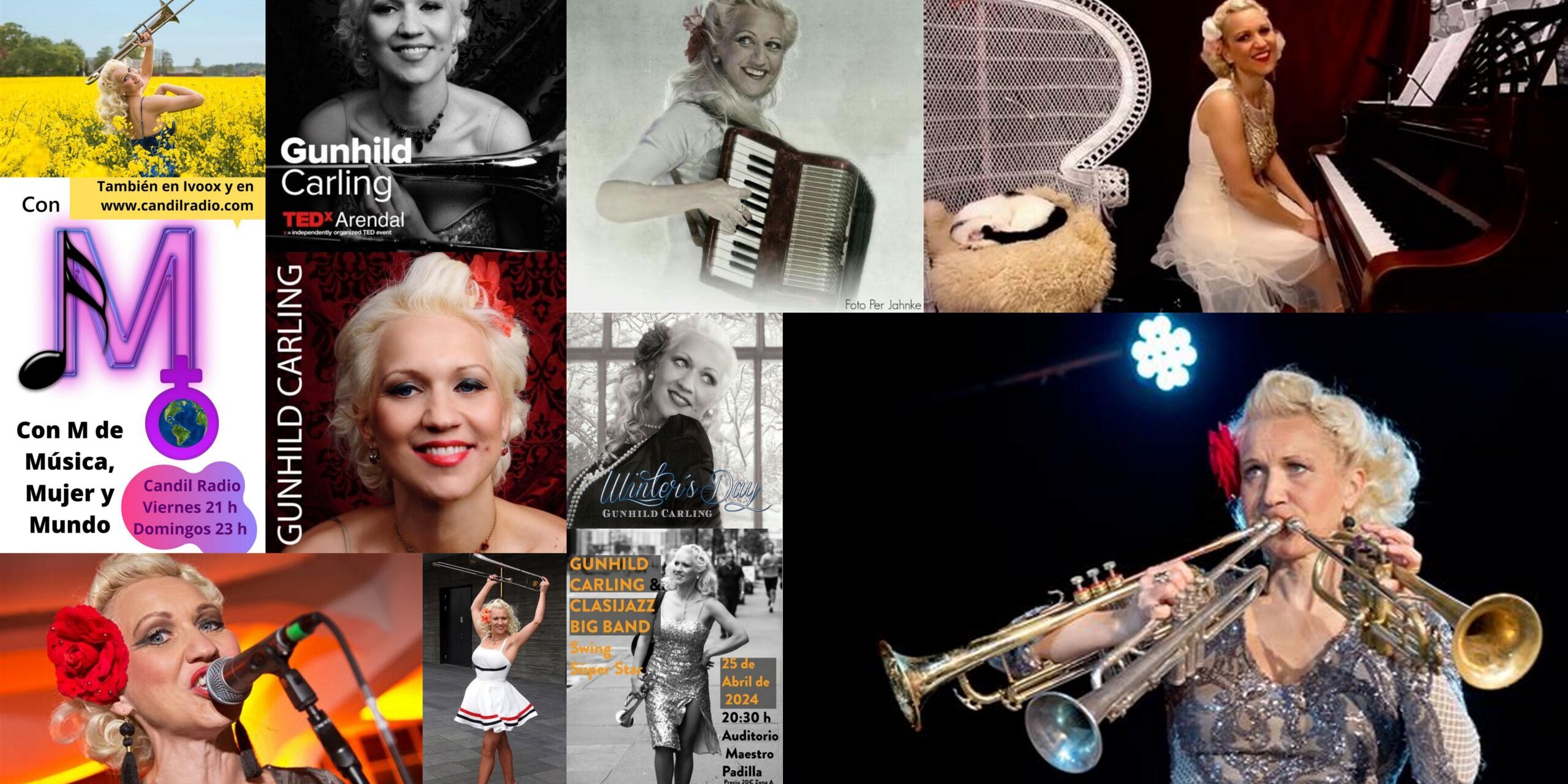 FOTOS CON M 273 GUNHIL CARLING El próximo 25 de abril podremos disfrutar en el auditorio Maestro Padilla de la capital almeriense con el concierto de la multiinstrumentista Gunhild Carling junto a la Big Band Clasijazz, así que en este ducentésimo septuagésimo tercer programa vamos a hacer un recorrido inverso por la discografía de esta interesante show woman y súper estrella del swing.