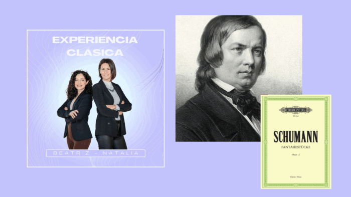 Imagen portada Hablamos sobre Las Piezas de Fantasía Op 12 del compositor Robert Schumann, donde trataremos datos de su vida y obra. Asimismo, escucharemos la pieza Op 12 completa, interpretada por la pianista Matha Arguerich.